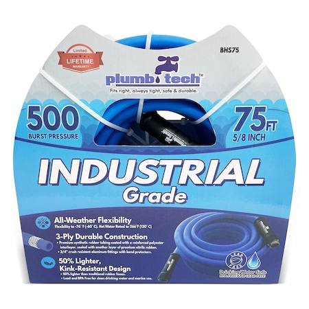 Plumb Tech 5/8 in ID x 75 ft L Water Hose, Rubber Tube, Blue BHS75